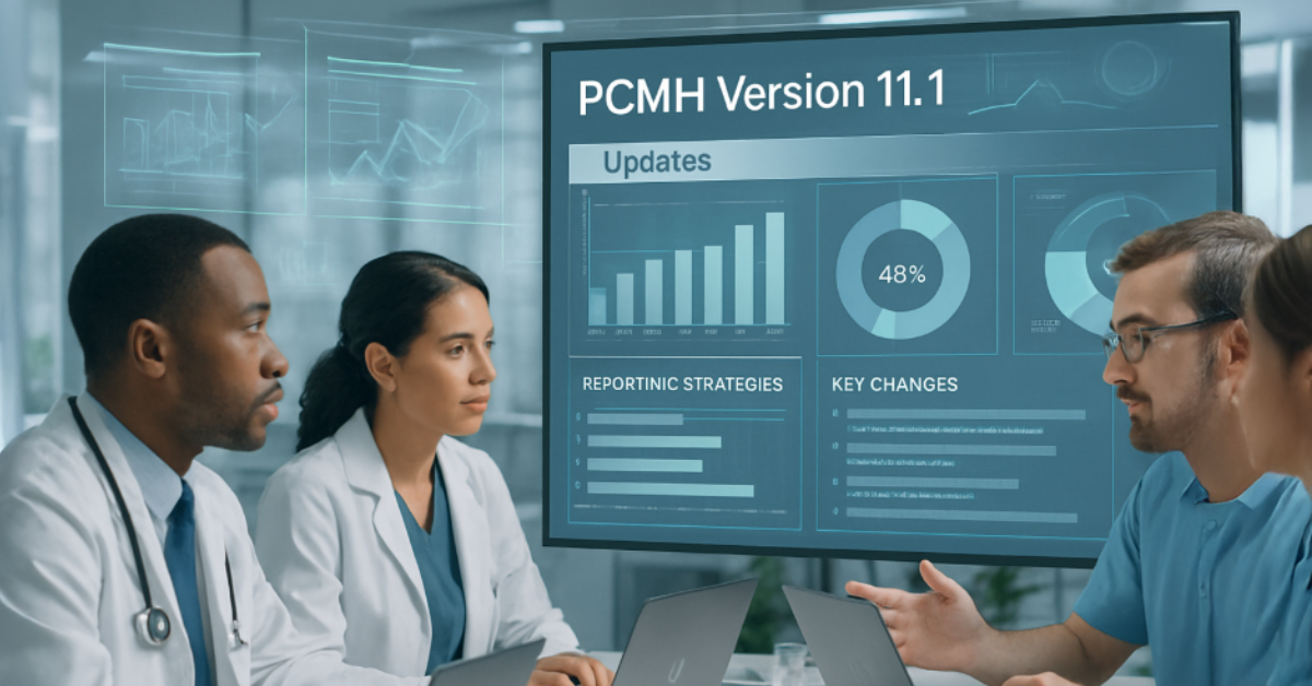 Healthcare professionals analyzing NCQA PCMH Version 11.1 updates on digital dashboards, showing key changes and reporting strategies for 2026